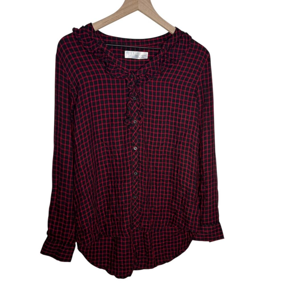 Time and Tru Red Black Plaid Button Up Blouse Ruffle Hi Low Shirt Medium